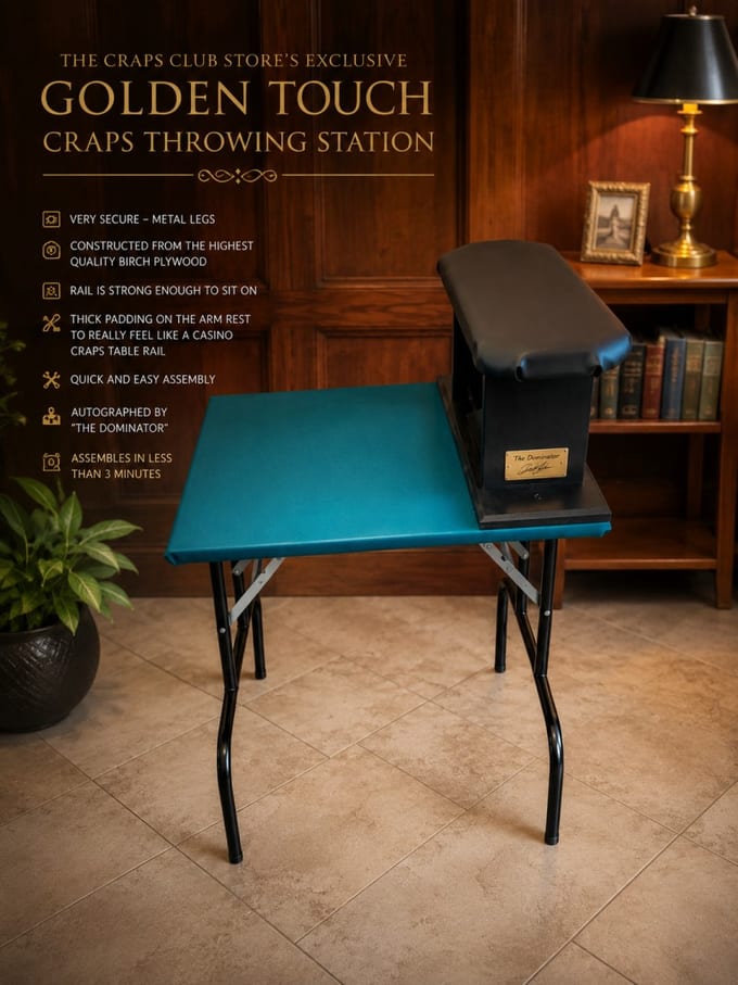 Golden Touch Craps Throwing Station - dice control practice rig with metal legs and a padded casino-style rail, signed by Dominator